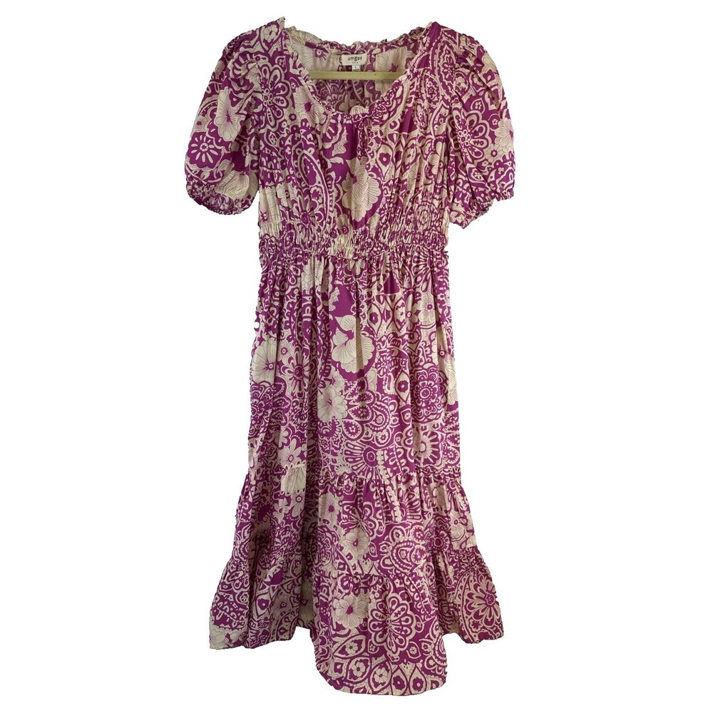 Umgee Tiered Midi Dress Pink Floral Puff Sleeves Boho Summer Indie Smocked Large